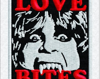 Love Bites Vampire Embroidery Design, Retro Rock Band Style Patch File, Edgy Goth Halloween