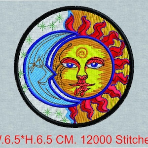 May include: Embroidered patch featuring a sun and moon design. The sun has a yellow face with blue eyes and red lips, surrounded by red flames. The moon is blue with a crescent shape. The patch is 6.5 cm in diameter.