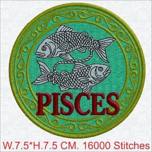 Diseño de bordado del zodiaco Piscis, parche de pez retro vintage, patrón de bordado digital, colección de 12