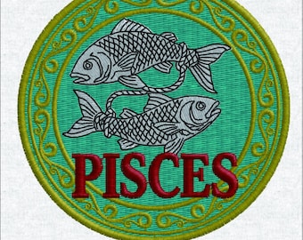 Diseño de bordado del zodiaco Piscis, parche de pez retro vintage, patrón de bordado digital, colección de 12