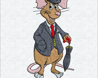 Motif de broderie machine « Souris gentleman », rat élégant en costume et chapeau melon
