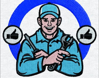 Mechanic Embroidery Design - Smiling Repairman with Tools & Thumbs Up - Handyman Uniform Logo
