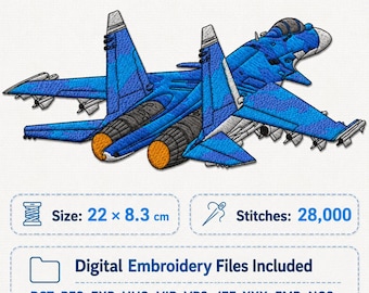 Motif de broderie d'avion de chasse bleu, écusson d'avion à télécharger numérique, fichier de broderie machine d'avion militaire