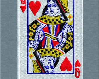 Diseño de bordado de Reina de Corazones, archivo de bordado a máquina de naipes, parche de corazón para San Valentín