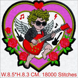 Rocker Valentinstag Amor Stickdatei, Rocker Engel mit Herz Gitarren Patch, Stickdatei