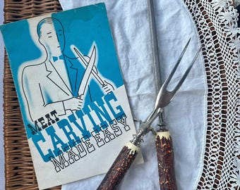 VTG Stag Horn Set Carving Fork with  Knife Sharpener and Bonus Meat Carving Made Easy Booklet
