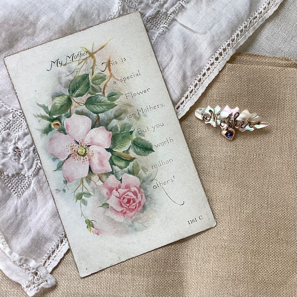 Gift Set - Vintage MOTHER Souvenir Wire Art Pin, Mother of Pearl Pin and Vintage Postcard