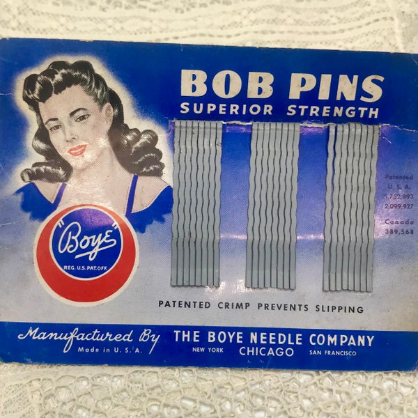 1940s Vintage Silver Hair Bobby Pin Hair Grips on Card, Boye Chicago Bob Pins,  NOS