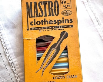 Mastro Colorful Clothes Pins, Full Box of Large Bulldog Pinch Clips, Vintage Laundry Clips