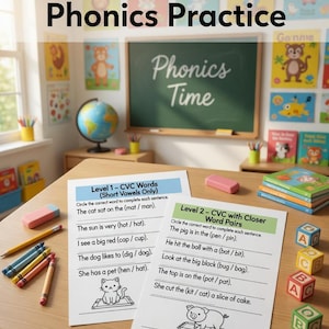 Peut inclure: Matériel pédagogique pour l'apprentissage de la lecture. L'image présente des feuilles de travail avec des exercices de mots CVC, des blocs colorés et un tableau noir avec "Phonics Time". La scène se déroule dans une salle de classe avec des affiches et un globe.