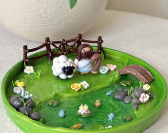 Hand-sculpted Psalm 23 Jewelry Tray | Jesus Sheep Scripture Water Pasture | Desk Accessory | Polymer Clay Christian Gift