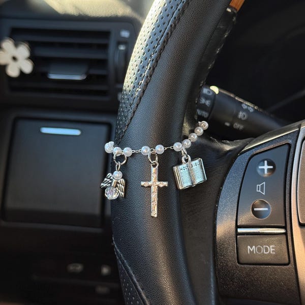 Handmade Pearly Bead Car Charm with Cross & Angel Accent