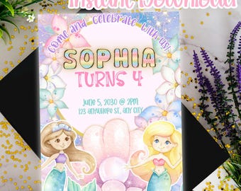 Mermaid Birthday Invitation, Mermaid Birthday Party, Mermaid Invitation: Editable Canva Template