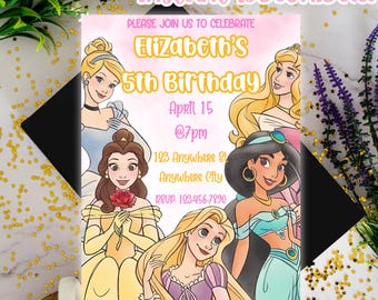 Disney Princess Birthday Invitation, Princess Birthday Party, Disney Princess Digital Invitation, Princess Party: Editable Canva Template
