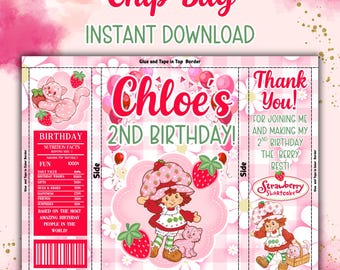 Strawberry Shortcake Chip Bag Template, Strawberry Shortcake Birthday Chip Bag: Canva Editable Template