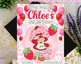 Strawberry Shortcake Digital Invitation, Strawberry Shortcake Birthday Invitation: Canva Editable