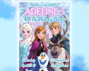 Invitación digital de Frozen, invitación de Frozen, fiesta de cumpleaños de Elsa y Anna, fiesta de Frozen, editable en Canva