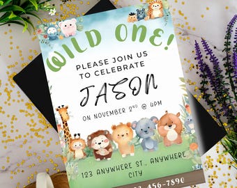 Safari Birthday Invitation: Wild One Theme, Editable Canva Template (Digital Download)