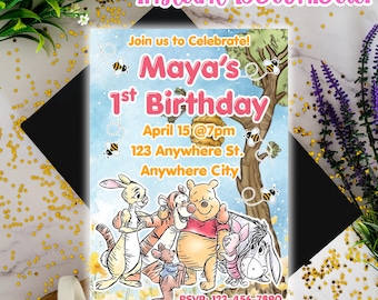 Winnie the Pooh Digital Invitation,  Winnie the Pooh Birthday Invitation, Pooh Birthday Invitation, Kids Birthday Invitation, Canva Editable