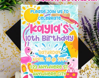 Pool Party Digital Invitation, Summer Birthday Invitation, Pool Party: Canva Editable