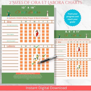 May include: Two Catholic children's daily prayer and work schedule charts. One is 12" x 18" and the other is 8.5" x 11". The charts have a green and white design with illustrations and the text "Ora et Labora". The charts include a section for "Ora" and "Labora".