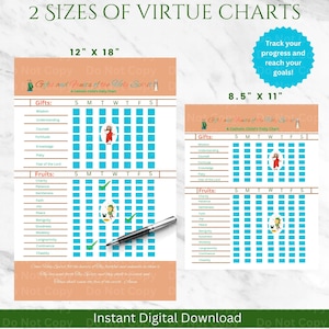 May include: Two virtue charts in 12" x 18" and 8.5" x 11" sizes. The charts are designed for tracking gifts and fruits of the Holy Spirit. Each chart has a grid for daily progress, with illustrations and text. A pen rests on the larger chart.