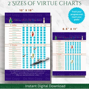 May include: Two virtue charts in 12" x 18" and 8.5" x 11" sizes, with the text "Gifts and Fruits of the Holy Spirit". The charts have a grid layout for tracking progress, with illustrations and the text "Instant Digital Download".