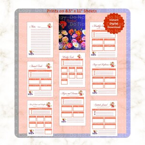 May include: A digital download of printable planner pages. The pages include sections for notes, monthly goals, annual goals, weekly goals, prayer and reflection, hopes and dreams, and a gratitude journal. The pages are designed to print on 8.5" x 11" sheets.