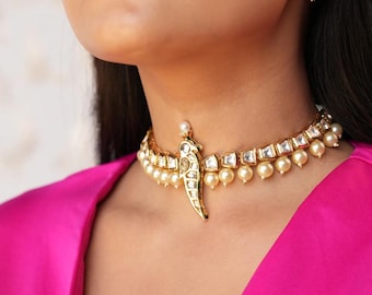 Kundan Choker Necklace Set with Pearls, Indian Bridal Bollywood Style Jewelry