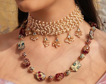 Conjunto de collar gargantilla de perlas, joyería para bodas indias, accesorio festivo llamativo