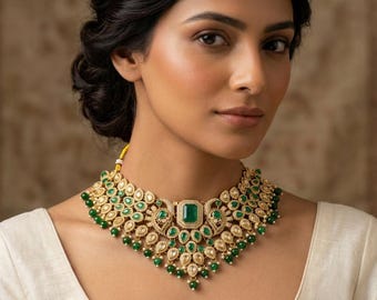 May include: A gold necklace with emerald green gemstones and small green beads. The necklace features a large, rectangular emerald centre stone and intricate detailing. The woman is wearing a white top.