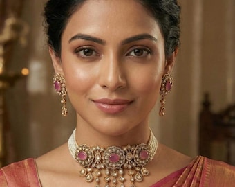 Polki Kundan Indian Choker Necklace Set: Sabyasachi Inspired Wedding Jewelry