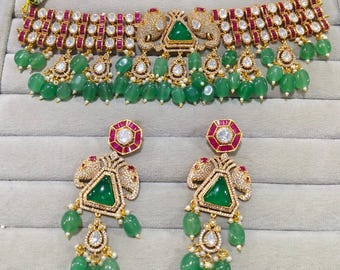 Smaragd Mossanit Kundan Halsketten Set: Indischer Brautschmuck