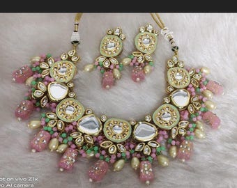 Conjunto de gargantilha Kundan de designer, colar artesanal verde Kundan para noivas