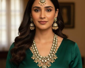 Kundan Raani Haar Set  Indian Bridal Pearl Necklace, Jhumki & Tikka  necklace for wedding