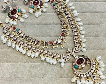 Polki Kundan Double Layer Necklace Women's Bridal Jewellery Wedding Necklace Set