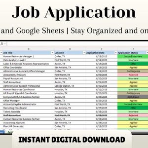 Job Application Tracker | Excel & Google Sheets Template for Job Search Organization
