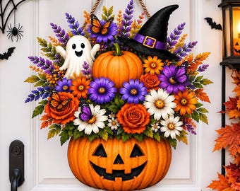 Halloweenpumpadörrhängare, blommig pumpaskylt i trä, söt spökhöstdekoration till ytterdörren, välkomstskylt för häxhatt