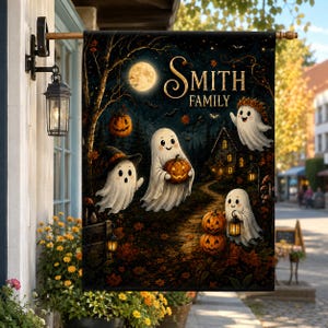 Puede incluir: Una bandera de jardín rectangular con una escena nocturna de Halloween con cuatro fantasmas blancos, calabazas naranjas y una luna llena brillante. El texto SMITH FAMILY está impreso en oro. La escena incluye un bosque oscuro y una casa.