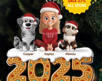Personalized Acrylic Ornament, Custom Human Dog Cat Cartoon Style, Christmas Gift For Dog-Cat Lovers, Pet Lovers, Couple, Bestie, Sibling.