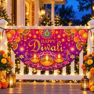 Op de afbeelding: Een halfronde banner met een levendige paarse achtergrond en de tekst Happy Diwali in gouden letters. Het ontwerp bevat kleurrijke bloemmotieven, ingewikkelde mandala-patronen en afbeeldingen van brandende olielampen.