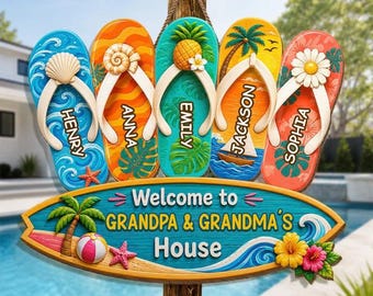 Personalized Grandparents Beach Sign, Custom Flip Flop Family Door Hanger, Summer Grandma Grandpa Gift