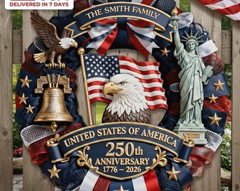Personalisierter Holzkranz zum 250-jährigen Jubiläum der USA, Fronttürdekor, 1776-2026 Semiquincentennial Familienname-Zeichen