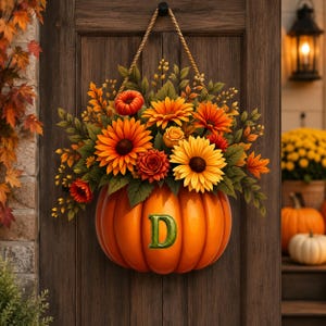 May include: A decorative door hanging featuring a large, glossy orange pumpkin base with the letter D centered on the front. The pumpkin is topped with a vibrant arrangement of yellow sunflowers, orange roses, and green foliage, suspended by a rope.
