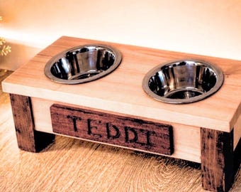Personalised Wooden Dog Bowl Stand | Raised Pine Feeder with Custom Name Holder