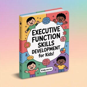 以下が含まれることがあります： 「EXECUTIVE FUNCTION SKILLS DEVELOPMENT for Kids!」というタイトルのカラフルな子供向けの本。子供と脳のアイコンの漫画イラストが特徴です。本の背表紙には「Douglase」、「Edubooks」、「Joannagallion」のタイトルが表示されています。この本はKidyverseからです。