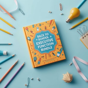 Puede incluir: Un libro naranja titulado "Back to School + Executive Function Bundle" con un diseño azul y blanco, rodeado de lápices, clips y una bombilla sobre una superficie azul claro. Los lápices son de varios colores, incluyendo amarillo, naranja y azul.