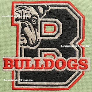 May include: Embroidered patch featuring a bulldog's head and the word "BULLDOGS" in red. The design is on a black and white letter "B" with a red outline, set against a light green textured background.