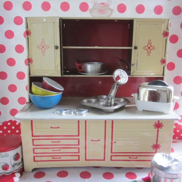 Vintage Toy Tin Cupboard Red Cream Wolverine Play Kitchen American Girl Toy Metal Dishes Toy Pyrex Bowls