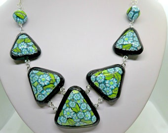 Unique Floral Geometric Statement Necklace/Jewelry Set/ Millefiori Necklace/ Gift for Her/ Cabochon Necklace